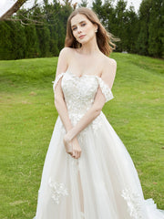 Off-the-shoulder Chapel train Lace Wedding Dress Ivory/Champagne