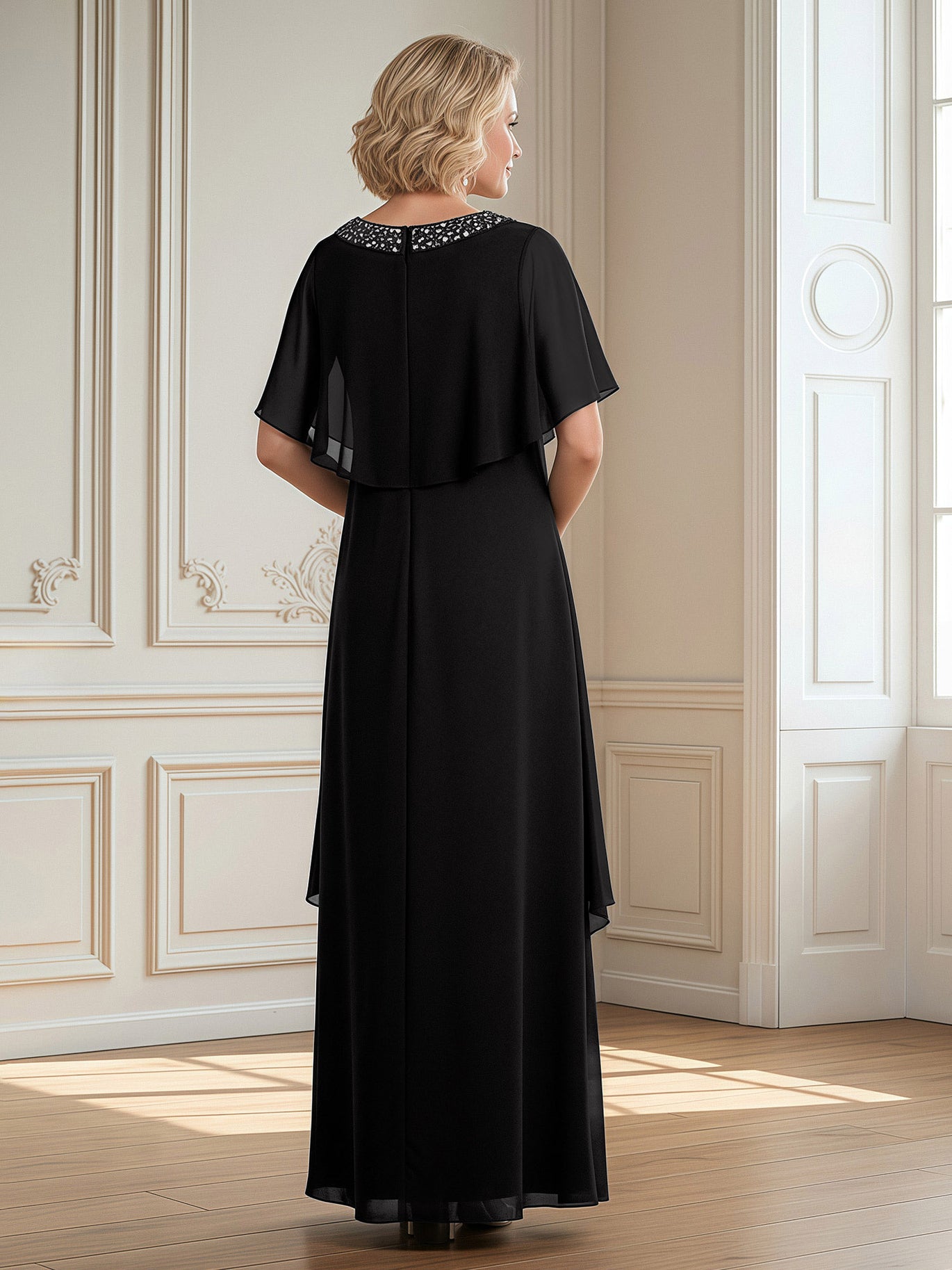 BABARONI Chiffon Black Mother of the Bride Dresses A-line Scoop Floor-length Flutter Sleeves BABARONI UK BABARONI Chiffon Black Mother of the Bride Dresses A-line Scoop Floor-length Flutter Sleeves BABARONI UK