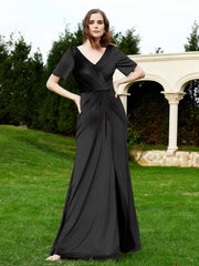 Half Sleeve V-neck Velvet Dress With Slit Black Plus Size
