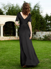 Half Sleeve V-neck Velvet Dress With Slit Black Plus Size