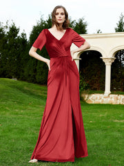 Half Sleeve V-neck Velvet Dress With Slit Burgundy