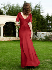 Half Sleeve V-neck Velvet Dress With Slit Burgundy