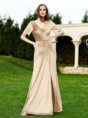 Half Sleeve V-neck Velvet Dress With Slit Champagne