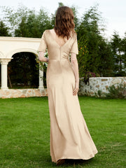 Half Sleeve V-neck Velvet Dress With Slit Champagne