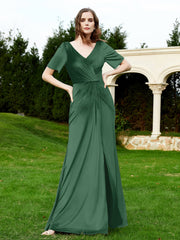 Half Sleeve V-neck Velvet Dress With Slit Dark Green Plus Size