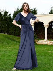 Half Sleeve V-neck Velvet Dress With Slit Dark Navy Plus Size