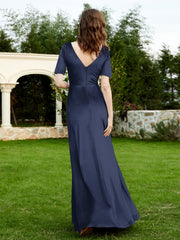 Half Sleeve V-neck Velvet Dress With Slit Dark Navy Plus Size