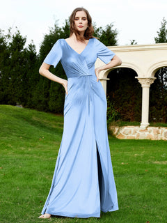 Half Sleeve V-neck Velvet Dress With Slit Dusty Blue