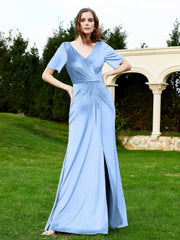 Half Sleeve V-neck Velvet Dress With Slit Dusty Blue Plus Size