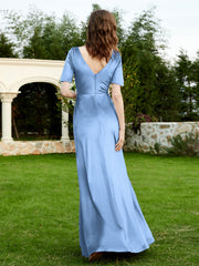 Half Sleeve V-neck Velvet Dress With Slit Dusty Blue