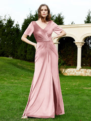 Half Sleeve V-neck Velvet Dress With Slit Dusty Rose