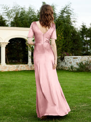 Half Sleeve V-neck Velvet Dress With Slit Dusty Rose