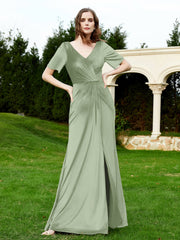 Half Sleeve V-neck Velvet Dress With Slit Dusty Sage