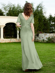 Half Sleeve V-neck Velvet Dress With Slit Dusty Sage