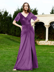 Half Sleeve V-neck Velvet Dress With Slit Grape