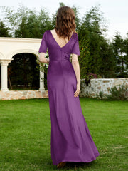 Half Sleeve V-neck Velvet Dress With Slit Grape