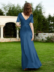 Half Sleeve V-neck Velvet Dress With Slit Ink Blue