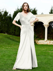 Half Sleeve V-neck Velvet Dress With Slit Ivory Plus Size