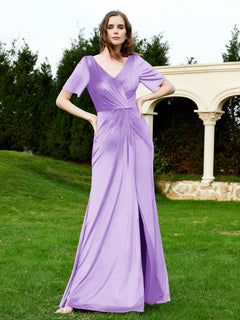 Half Sleeve V-neck Velvet Dress With Slit Lilac