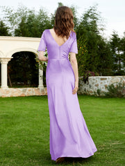 Half Sleeve V-neck Velvet Dress With Slit Lilac