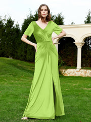 Half Sleeve V-neck Velvet Dress With Slit Lime Green Plus Size