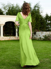 Half Sleeve V-neck Velvet Dress With Slit Lime Green