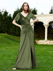 Half Sleeve V-neck Velvet Dress With Slit Olive Green