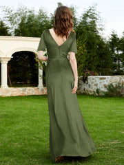 Half Sleeve V-neck Velvet Dress With Slit Olive Green