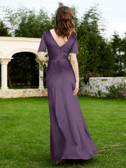 Half Sleeve V-neck Velvet Dress With Slit Plum