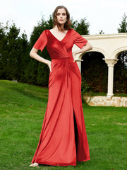 Half Sleeve V-neck Velvet Dress With Slit Red