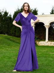 Half Sleeve V-neck Velvet Dress With Slit Regency Plus Size