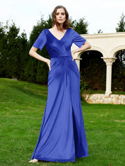 Half Sleeve V-neck Velvet Dress With Slit Royal Blue
