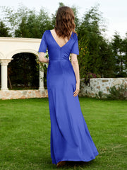 Half Sleeve V-neck Velvet Dress With Slit Royal Blue Plus Size