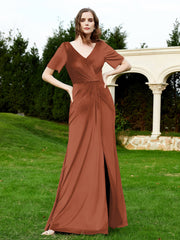 Half Sleeve V-neck Velvet Dress With Slit Rust Plus Size
