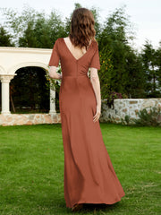 Half Sleeve V-neck Velvet Dress With Slit Rust