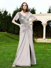 Half Sleeve V-neck Velvet Dress With Slit Silver Plus Size