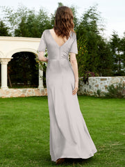 Half Sleeve V-neck Velvet Dress With Slit Silver