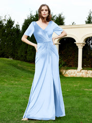 Half Sleeve V-neck Velvet Dress With Slit Sky Blue