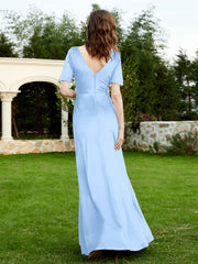Half Sleeve V-neck Velvet Dress With Slit Sky Blue