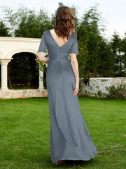 Half Sleeve V-neck Velvet Dress With Slit Slate Blue