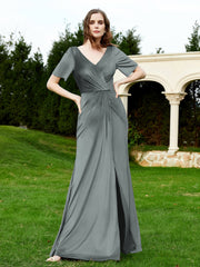 Half Sleeve V-neck Velvet Dress With Slit Steel Grey