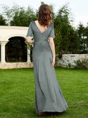 Half Sleeve V-neck Velvet Dress With Slit Steel Grey