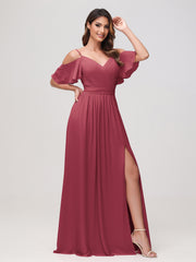 Off-the-shoulder A-line Ruched Chiffon Dress with Slit Cinnamon Rose