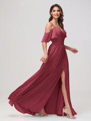 Off-the-shoulder A-line Ruched Chiffon Dress with Slit Cinnamon Rose