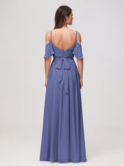 Off-the-shoulder A-line Ruched Chiffon Dress with Slit Periwinkle