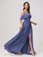 Off-the-shoulder A-line Ruched Chiffon Dress with Slit Periwinkle