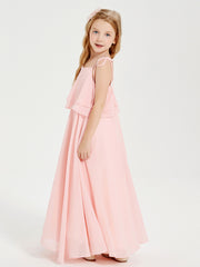 Chiffon Junior Bridesmaid Dresses Long Cascading Skirt Coral