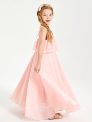 Chiffon Junior Bridesmaid Dresses Long Cascading Skirt Coral