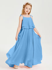 Chiffon Junior Bridesmaid Dresses Long Cascading Skirt Blue