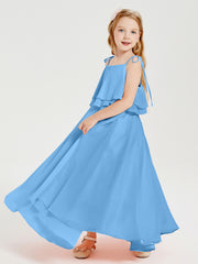 Chiffon Junior Bridesmaid Dresses Long Cascading Skirt Blue